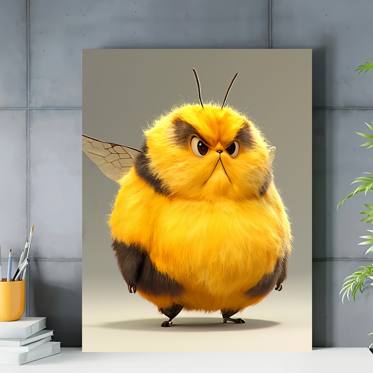 TEMU 2d Flat, 2d Flat, 1pc Bee Canvas Artwork With A Wooden Frame - And Black Cartoon-style Wall Decoration Suitable For The Living Room, Bedroom,