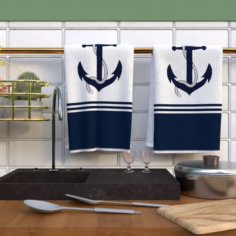 

2pcs Nautical Anchor Towels, 18x26 Inch, Super Soft Polyester, Unscented, Woven, Ideal For Kitchen, Bathroom, Beach, Sailor Gifts, Home Decor