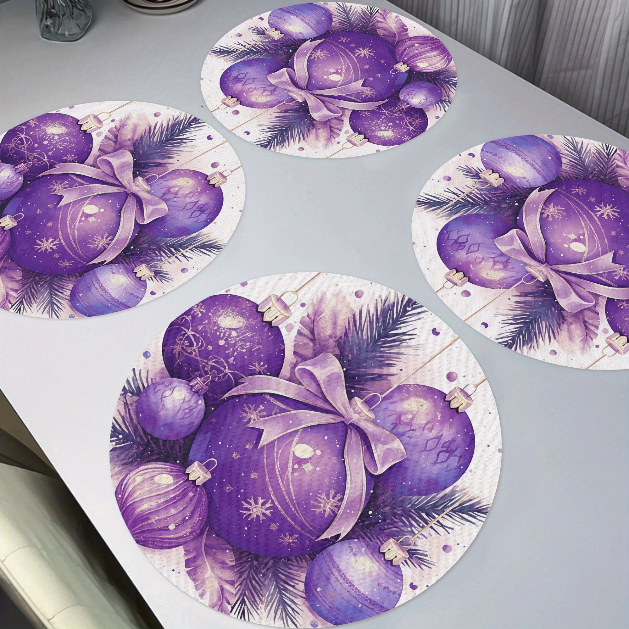 TEMU 4pcs Set Purple Christmas Ornament Placemats - Non-slip, Washable Round Table Mats For Holiday Dining & Kitchen Decor