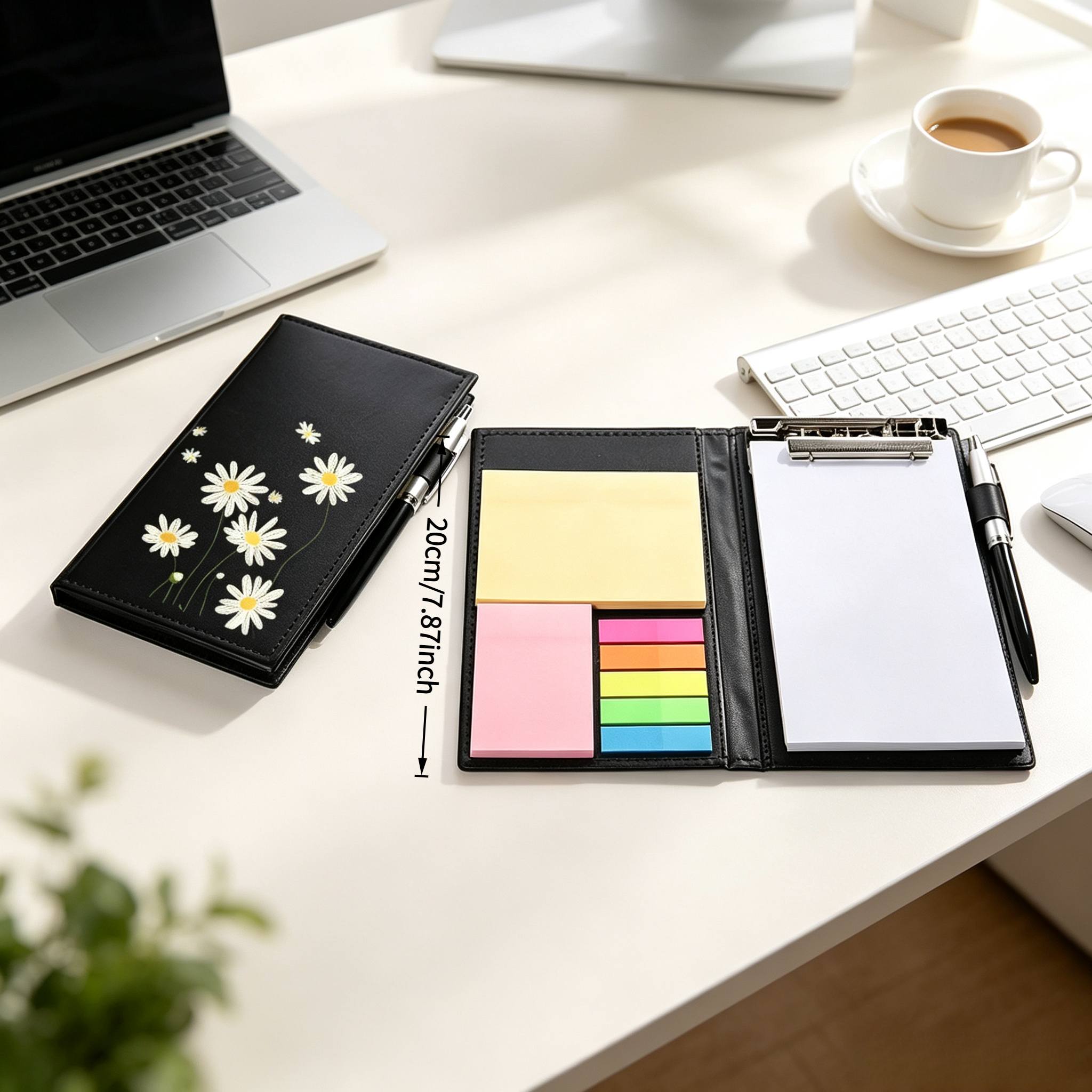 TEMU Pu Leather Daisy Print Clipboard Notebook With Sticky Notes Index Tabs Pen Holder, Multi Functional Office Business Memo Notepad
