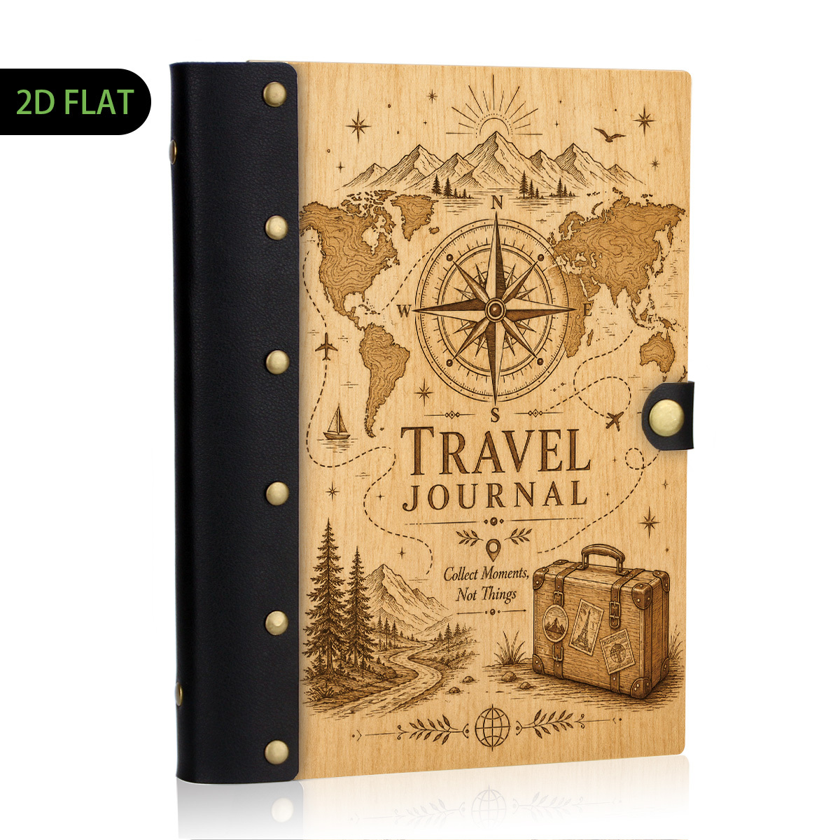 TEMU 1pc World Map Compass Suitcase Print Leather Hardcover Journal, Retro Mountain Pine Travel Writing Diary, 2d Flat Outdoor Adventure Notebook,
