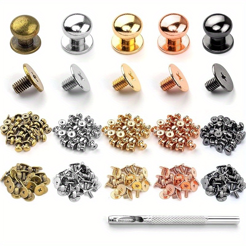 Image of 125 Sets Of Chicago Screws With Solid Round Heads In 5 Colors, Suitable For Use In Clothing, Shoes, Belts, Bags, Watchbands, Dog Collars, And Leather Craft Projects