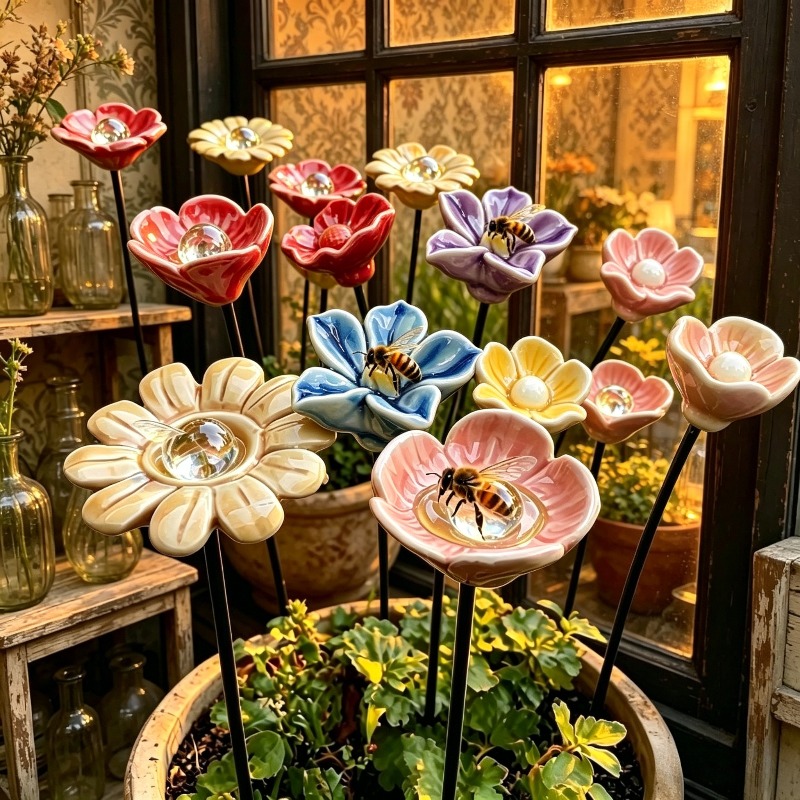 TEMU 10pcs Handmade Ceramic Feeder And Waterer Set, Bee Syrup Feeding And Drinking. Shaped Like Lovely Ceramic Flowers, A Practical Decorative