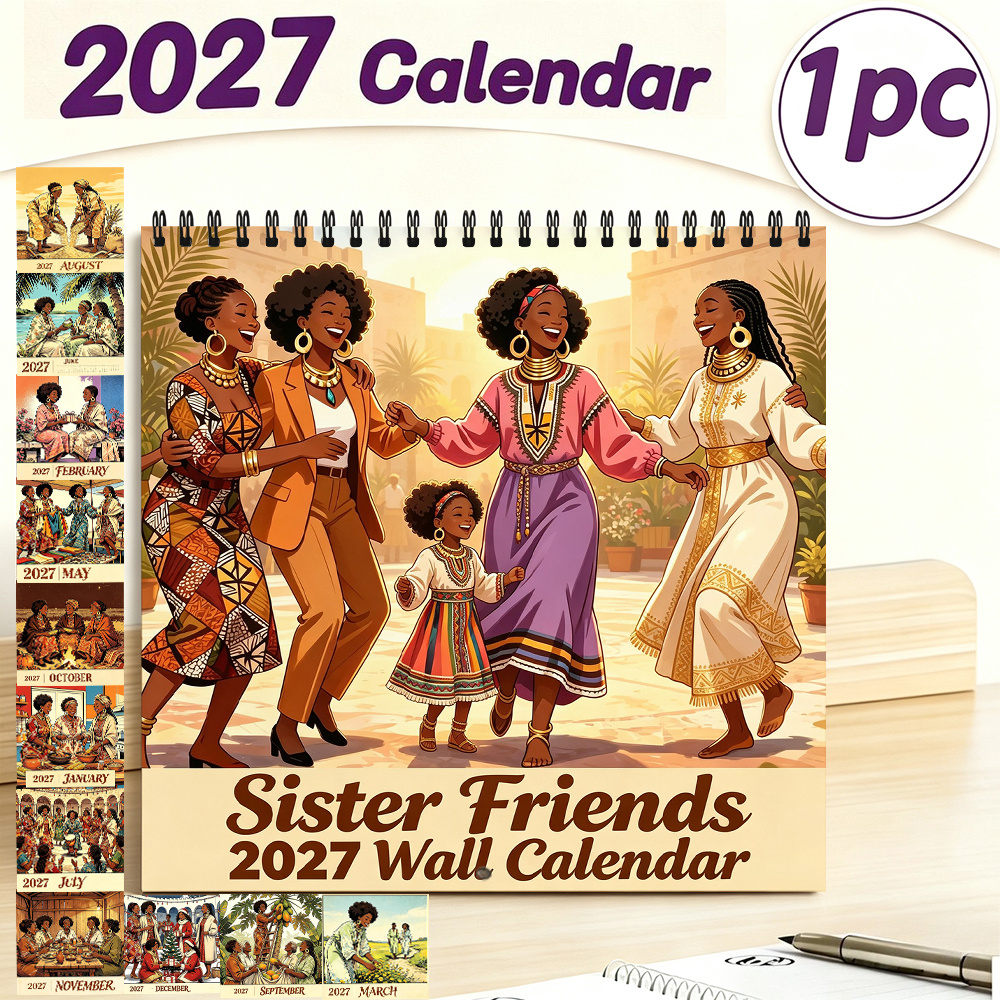 TEMU 2027 Sister African American Ethnic Style Wall Calendar, Multi-holiday Wall Decor For Christmas, Halloween, New Year, Wedding & Back To School,