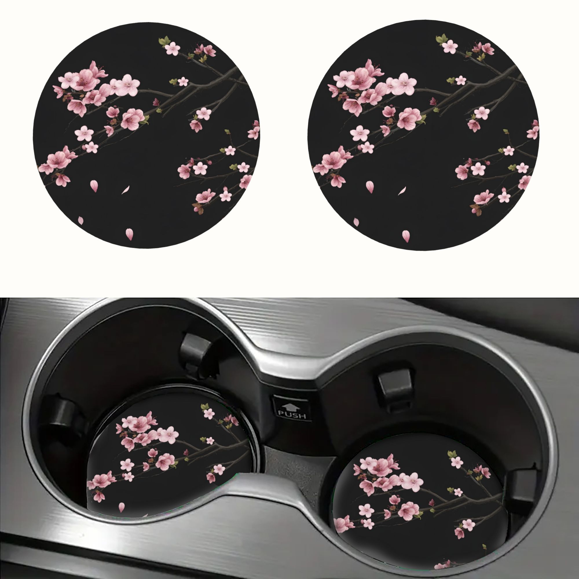 TEMU Set mit 2 Kirschblüten Auto Untersetzer: Elegante rosa Blüten und schwebende Blütenblätter auf einem dunklen Hintergrund, für jedes Fahrzeug.