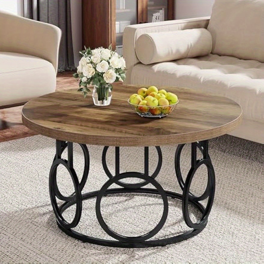 -inch Round Coffee Table, Industrial Circle Living Room Table, Modern Wooden Accent Center Table For Home Office, Apartment (wood Grain And Black)