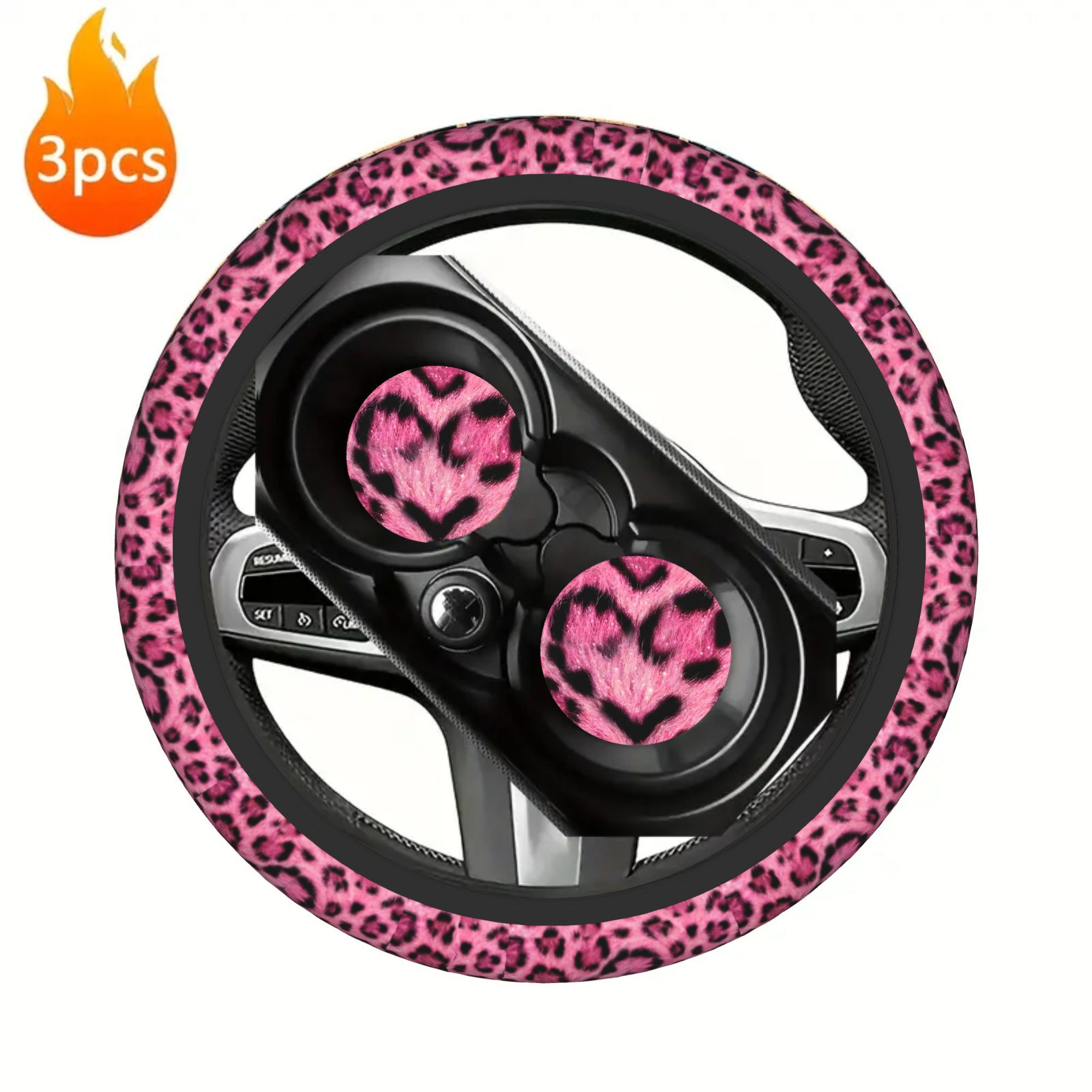 TEMU 3pcs Sweet Pink Plush Leopard Print Car Steering Wheel Cover, Unisex, Neoprene Material, , Universal Size -15 Inches, Including 2 Coasters, Car