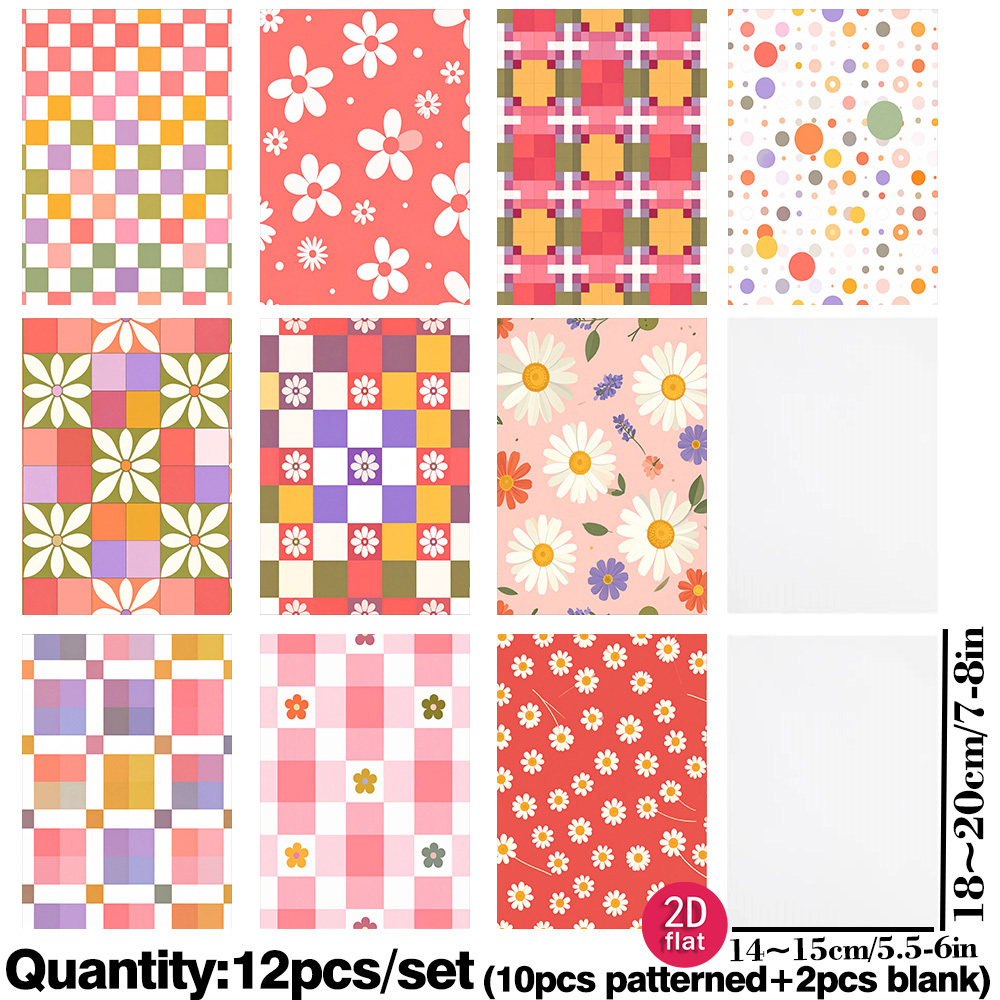 TEMU Ruonaorou 12pcs/pack Translucent Vellum Paper Pack 2d Flat Retro Checkered Grid Dot Floral Printed Pattern Aesthetic Tracing Paper Diy Material