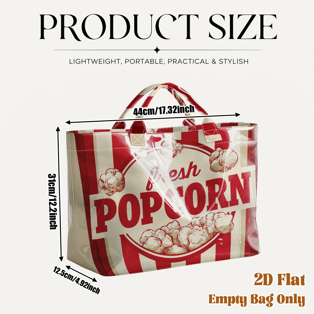 TEMU (2d Flat) 1pc Fresh Popcorn Design Pvc Large Capacity Travel Tote Bag,reusable Grocery Bags, Commuting Bag, Picnic Beach Tote, For Work Commute,