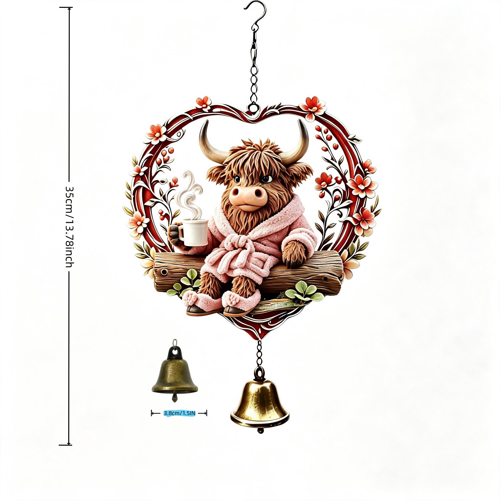 TEMU Carved Heart-shaped Highland Cow Bathrobe Wind Chime Ornament. Hung Indoors On Windowsills, , Or Outdoors In Courtyards. The Swinging Bell