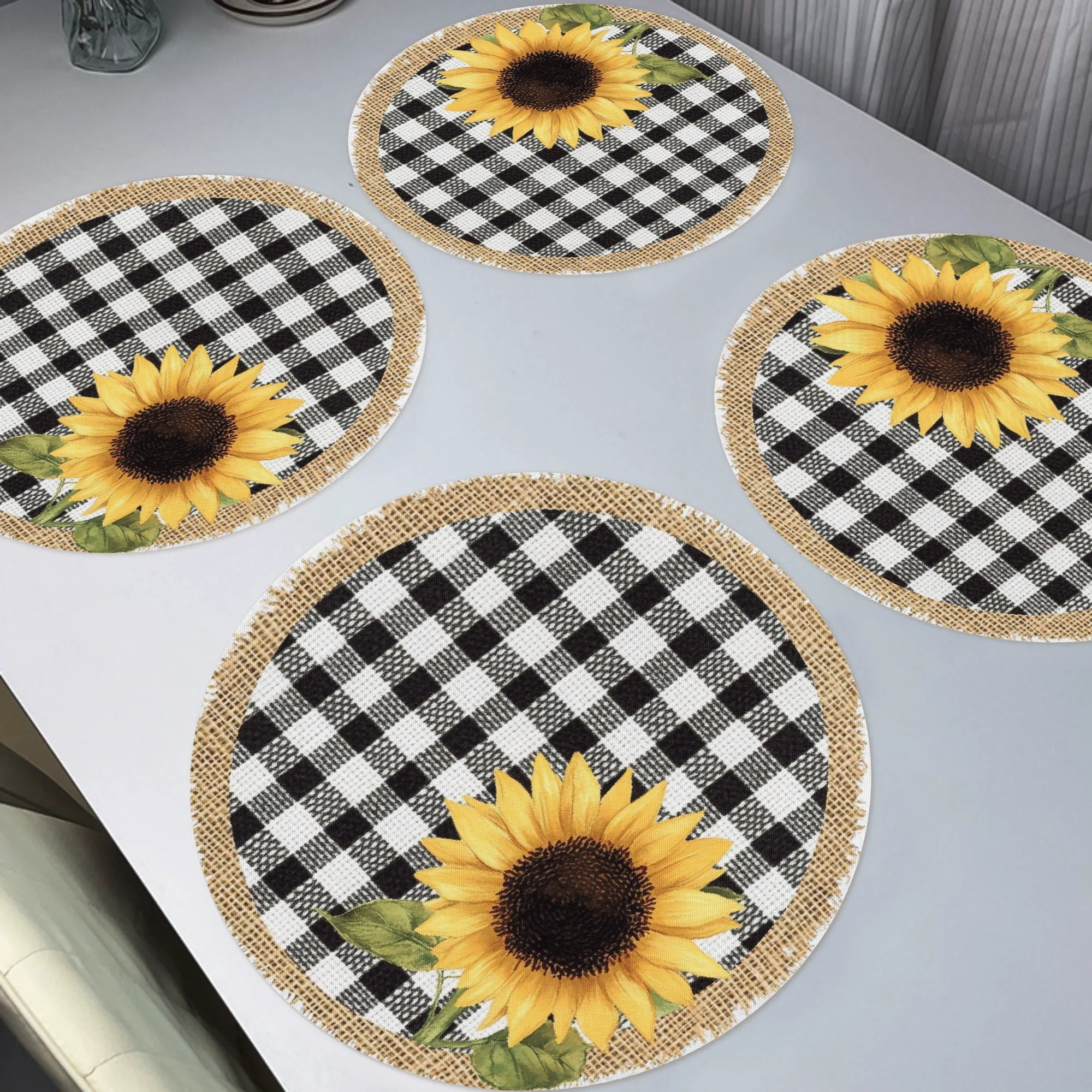 

4-pack Sunflower & Check Round Table Mats, 15" Polyester Non-slip Washable Place Mats For Home, Kitchen, Banquet, And Party Dining Decor