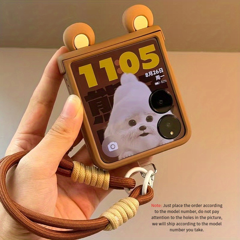 TEMU Matte Brown Hinge Khaki Color + Diy 3d Cat Ears + Handheld Strap Phone Case For Galaxy Z Flip 7, Galaxy Z Flip 6, Galaxy Z Flip 5, Galaxy Z Flip