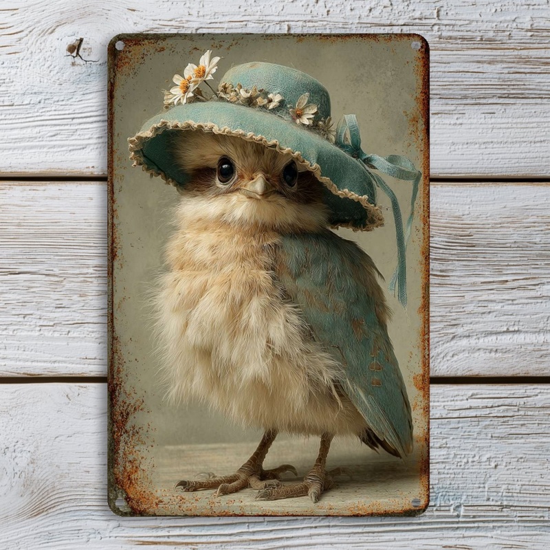 TEMU 2d Flat 2d Flat 1pc Retro Metal Wall Art Cute Bird With Blue Flower Hat Iron Sign 8x12 Inch Rustic Farmhouse Decoration Suitable For Indoor/ Use