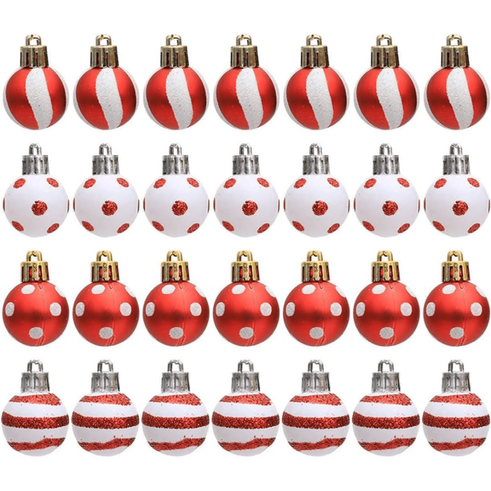 TEMU 28pcs, Mini boules décoratives de Noël rouges et blanches de 3 cm (1,2 pouce), décorations d'arbre de Noël, ornements de fêtes, décorations de
