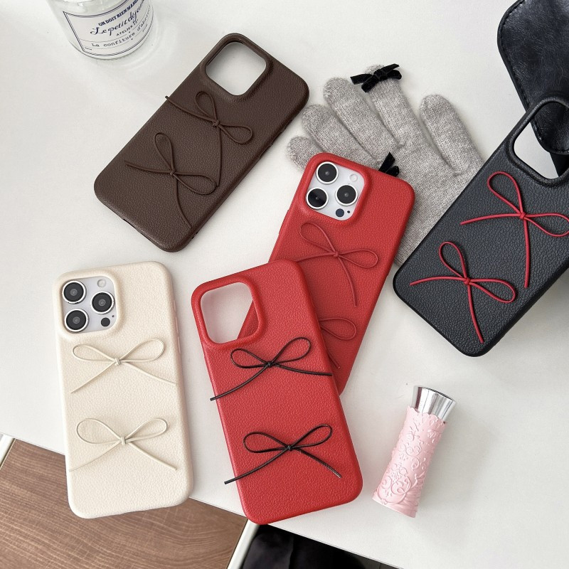 Stylish And Minimalist Lychee Pattern Large Bow Phone Case for Iphone 11 12 13 14 15 16 Pro Max Plus, Fully Protective Soft Shell.