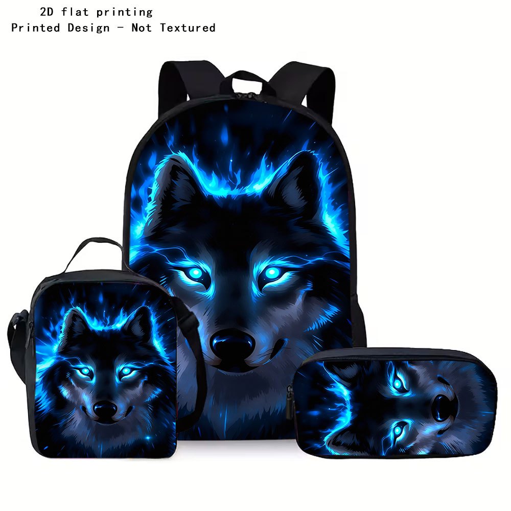 TEMU Black Background With Blue Flame Glowing Wolf Head Cool Print Backpack 3pcs Set, Crossbody Bag, Stationery Organizer Pencil Case, 2d Flat