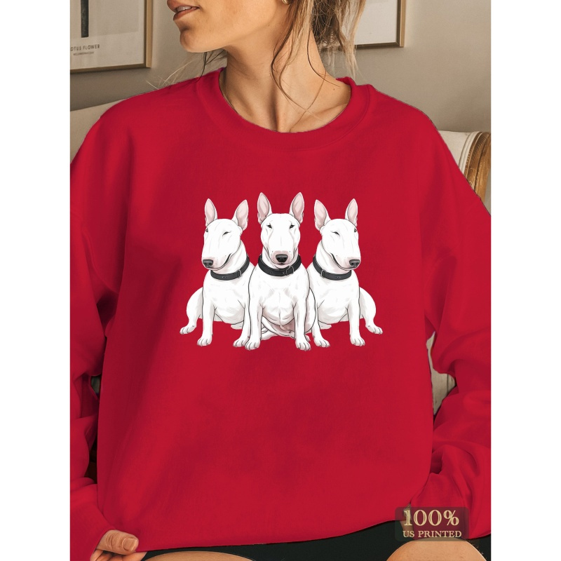 

Women's Casual Crew Neck Sweatshirt With Bull Terrier Dog Print - 100% Polyester Knit Fabric, Regular Length, Geometric Pattern, For Fall/winter