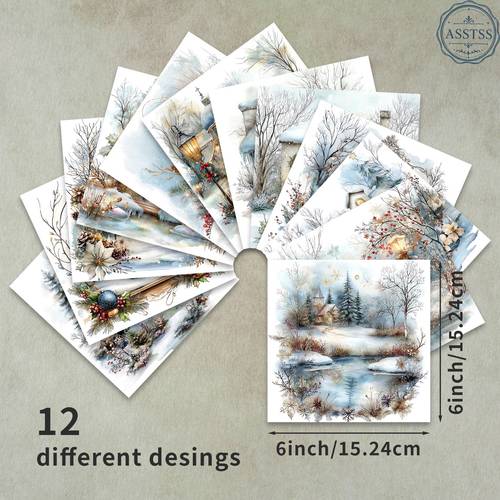 bloc de papier de scrapbooking 36 feuilles 6*6 pouces, fournitures de papier de support style aquarelle hivernale avec de neige de noël cool, papier cartonné épais pour journal, art de collage, scrapbooking et loisirs créatifs, pack de floraux 6x6