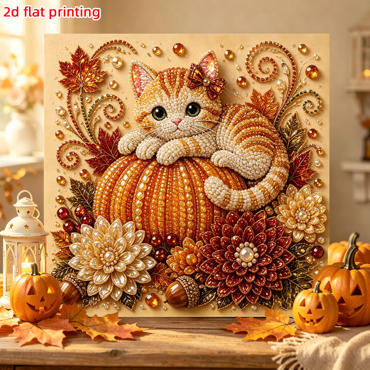 TEMU Kit de peinture de perles pour adultes, Artisanat d'art de perles rondes pleines de perles de citrouille d'automne pour chatons, Image de