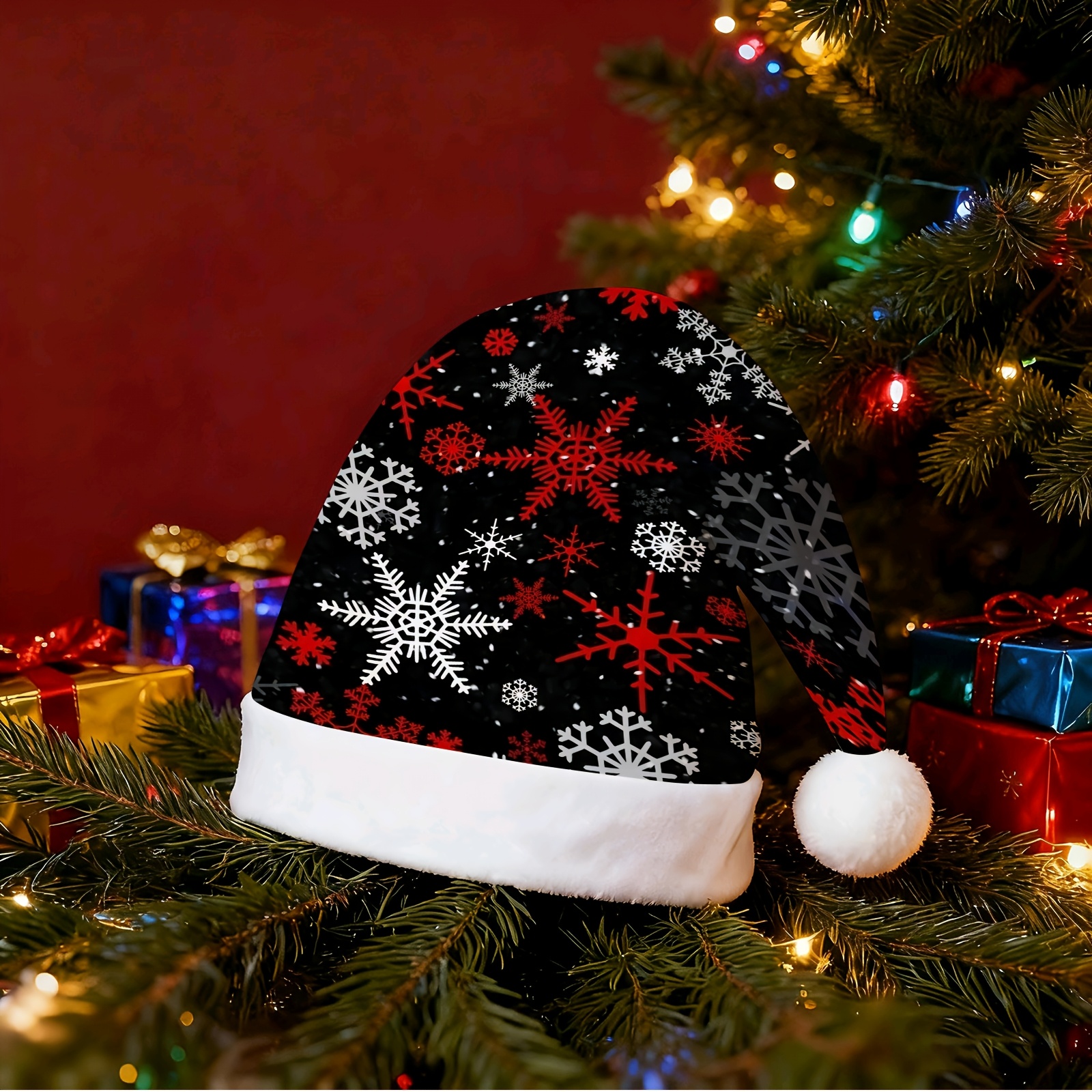 TEMU Adult Christmas Hat One-piece, Featuring A Black Background With A Red, White, And Gray Snowflake Design, Complete With White Trim And A Fluffy
