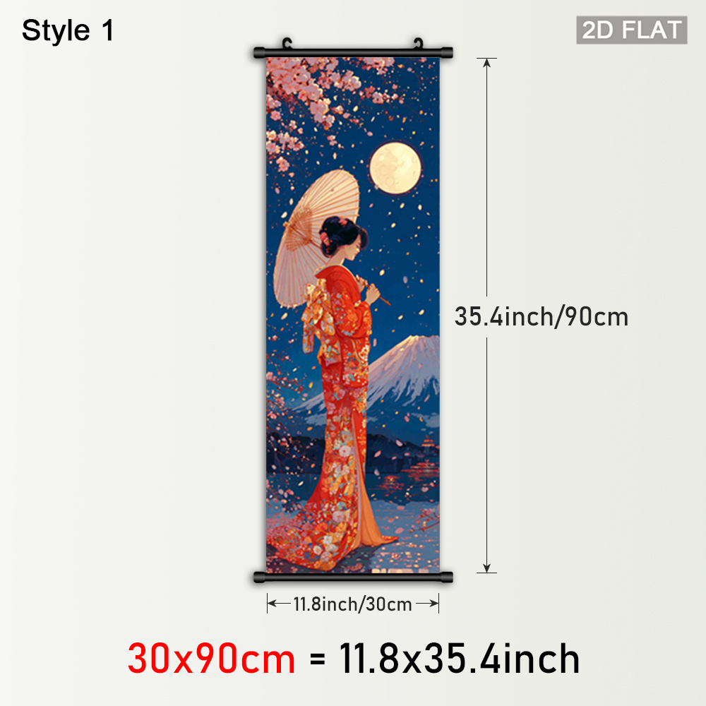TEMU 1pc Japanese Aesthetic Framed Canvas Wall Art - Vertical Hanging Scroll With Cherry Blossoms, & Geisha, Plastic Frame & Hanger, Asian-inspired