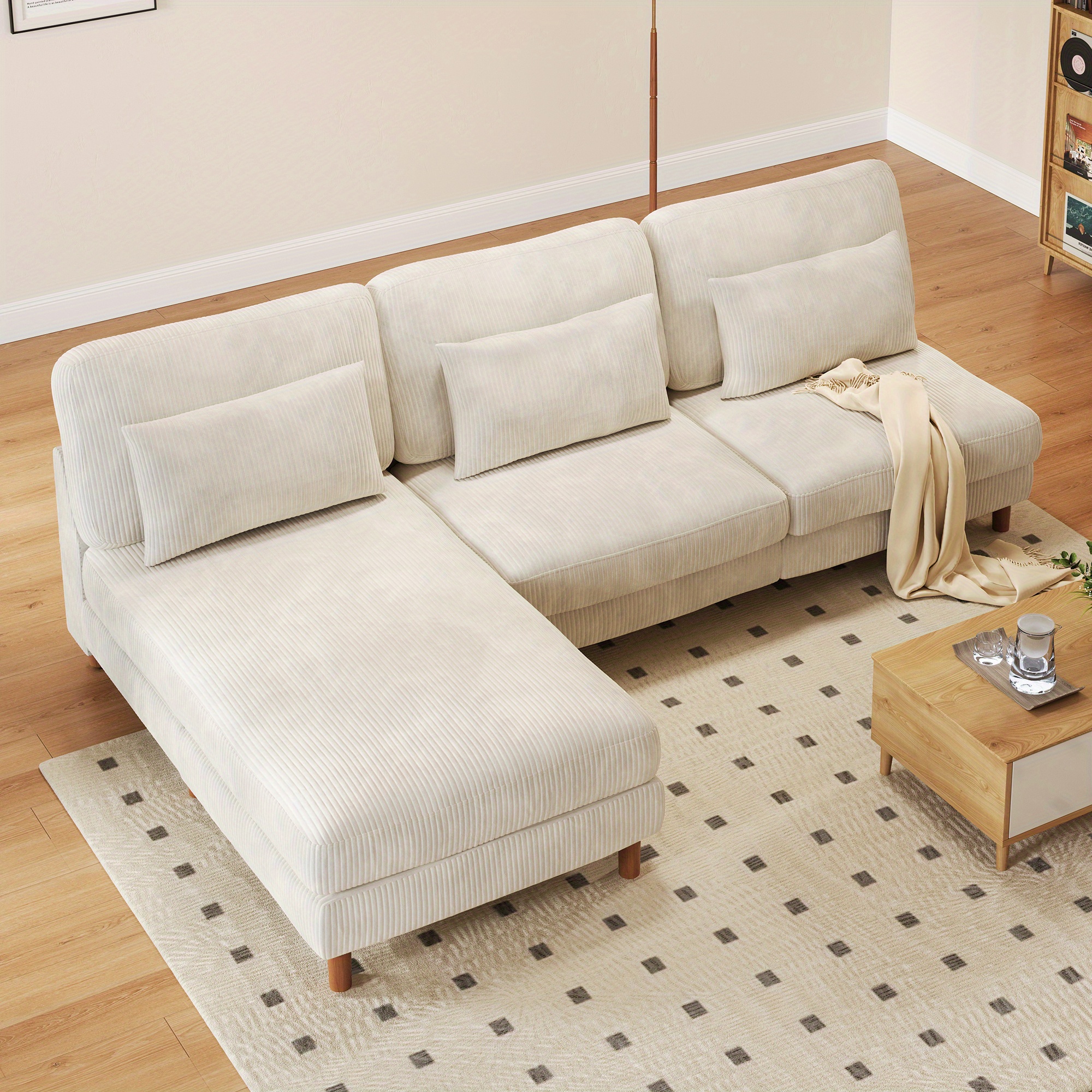 256cm Convertible Sectional Sofa Couch 3 Seat Sofa For Living Room L-shaped Modern Corduroy Fabric