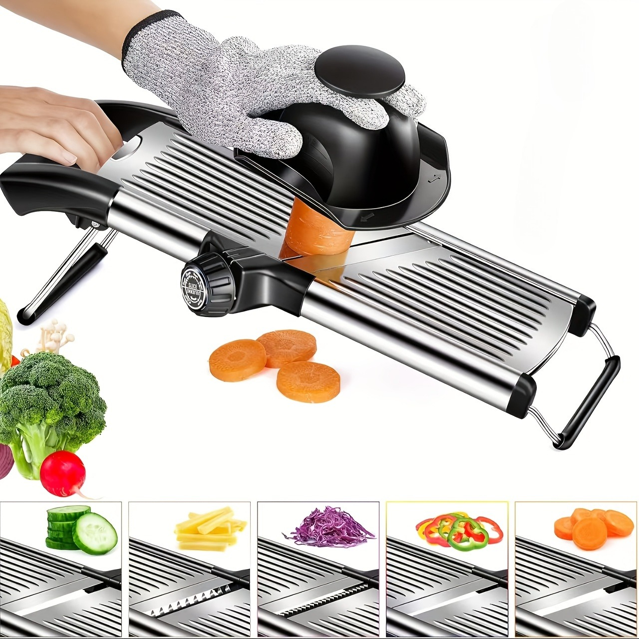 Manual Adjustable Stainless Steel Vegetable Cutter With Foldable Stand, Non-slip Tray And Safety Hand Guard For Easy Cutting And Grating, Practical Gift For Cooking Enthusiasts