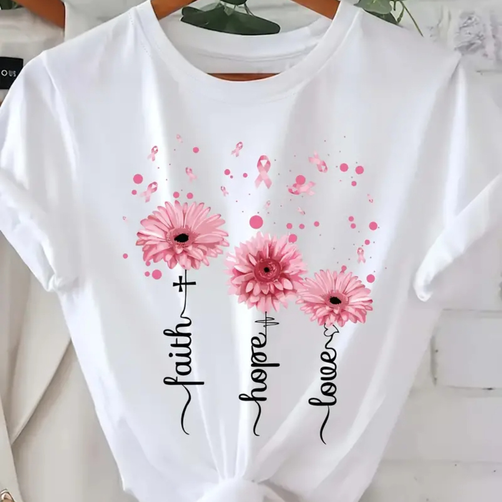 

Women's Short Sleeve T-shirt, Pink Sunflower "faith" Print, Casual Round Neck Women's Clothing Women's T-shirt 100% T-shirt Unisex Clothing Soft Fabric T-shirt Gifts