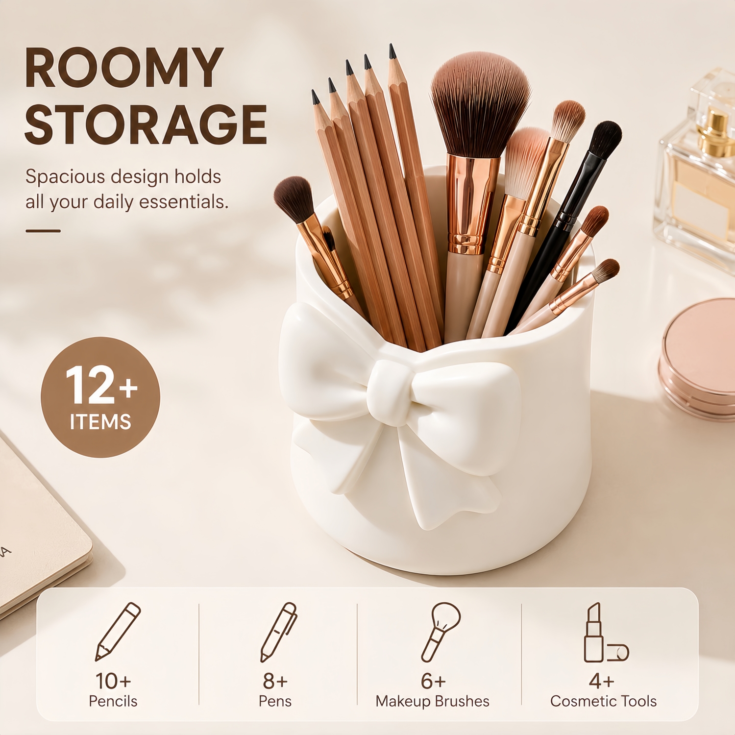 TEMU 1pc Large Capacity Bow-top Countertop Storage Bin With 3d Bow Lid - Suitable For Makeup Brush Holder, Cosmetic Organizer, Pen & Pencil Cup,