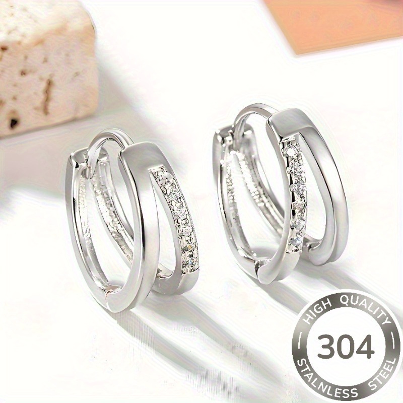 TEMU A Pair Of Women' Luxury Shiny And 304 Stainless Steel Inlaid Plastic Rhinestone Double-layer Earrings - Suitable For Daily Wear, Festive