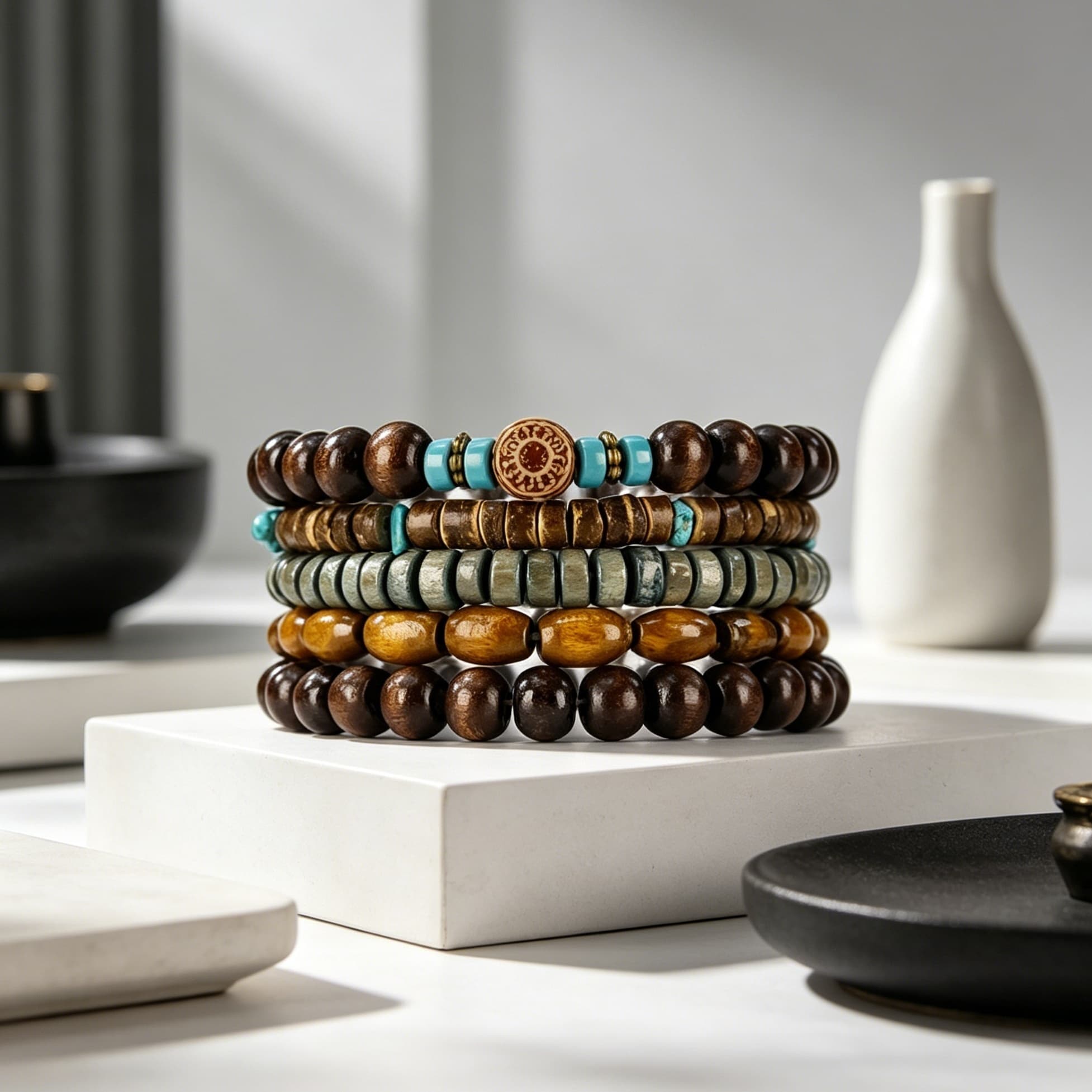 TEMU 5pcs Bracelets Empilables pour Hommes et Femmes, Bracelets de Multi-Couches avec Perles Turquoise, Ensemble de Bracelets de Yoga Bohèmes Zen