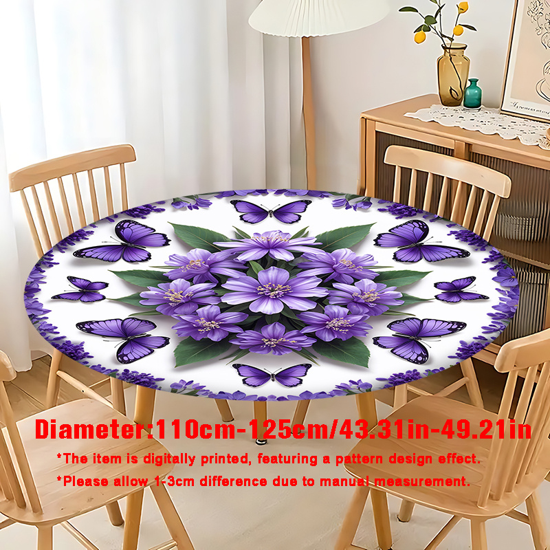 TEMU 2d Surface Printing Stretch Round Tablecloth, Purple Floral Pattern Country Style Printed Round Elastic Tablecloth, Suitable For Round Dining