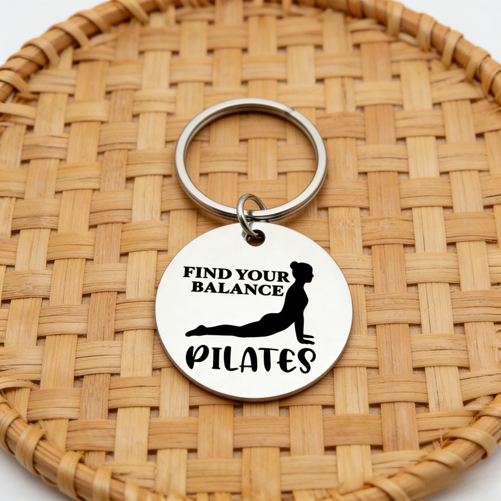 TEMU Llavero de acero inoxidable, llavero de metal duradero, diseño grabado de postura "Encuentra tu Pilates", accesorios unisex, para amantes del