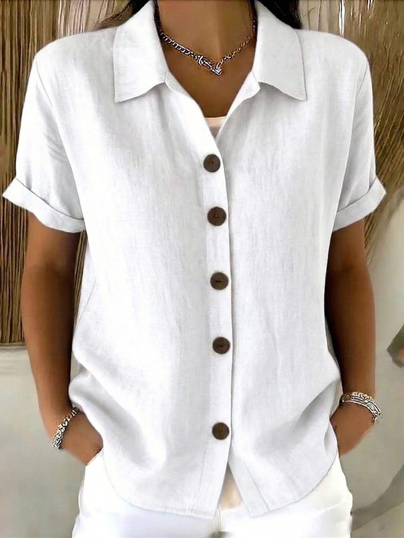 V Neck Collar Blouses - Button up Shirts for Women Short Sleeve Tops - Elegant Outfits Business Casual