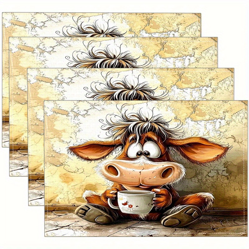 4pcs Placemats Set - Adorable Cow , 12x18 Inches, Suitable For Kitchen And Dining Room Decor, Home Decoration, Family Dinner Table, Party Decor