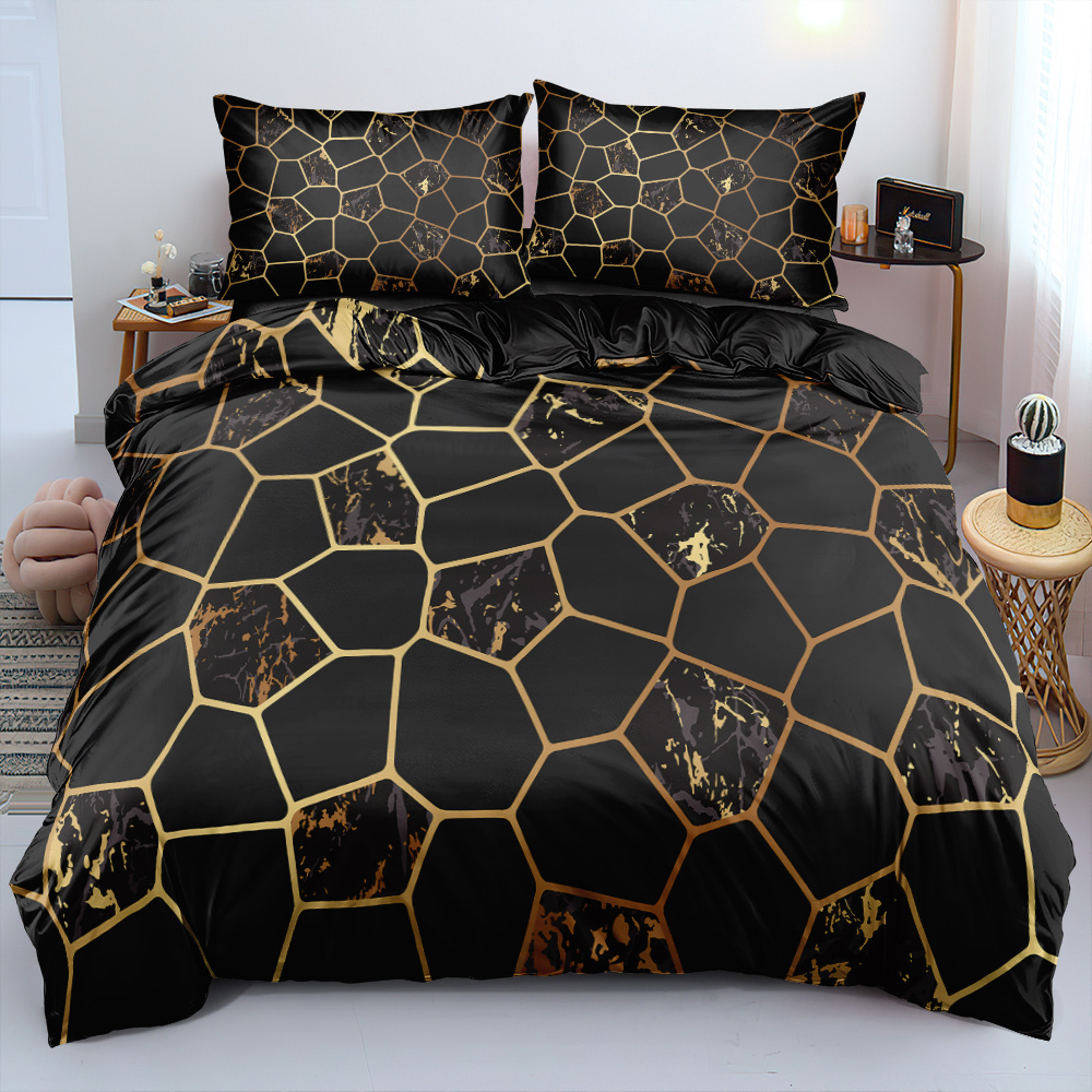 TEMU Parure de lit 2/3 pièces avec housse de couette à grille de pierres irrégulières noires et dorées en , base noire, motif de veines de doré