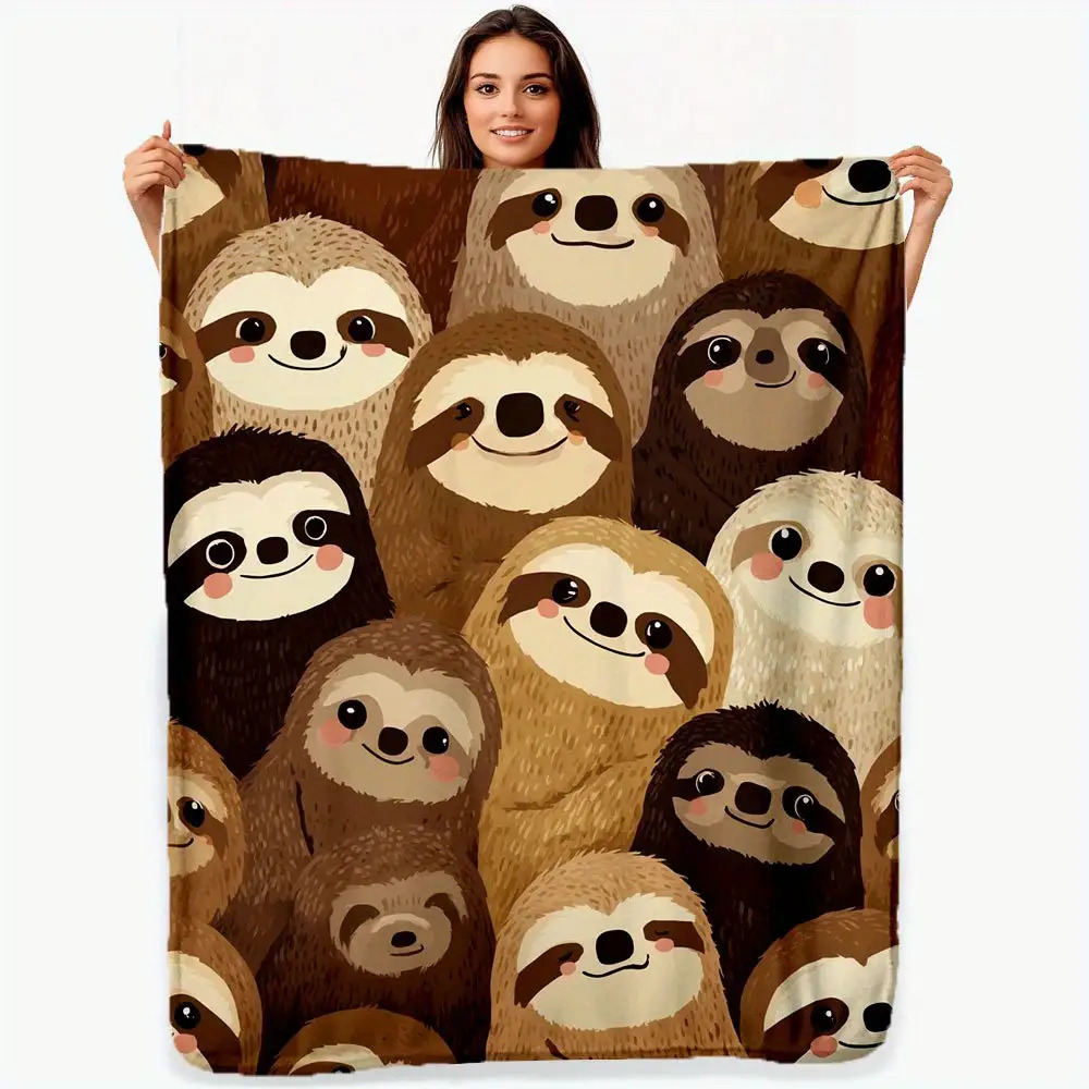 TEMU 1pc Sloth Animal Print Plush Throw Blanket - 2d Print , Soft Indoor/outdoor Blanket, Suitable For Office, Sofa Or Camping, Camping Blanket With