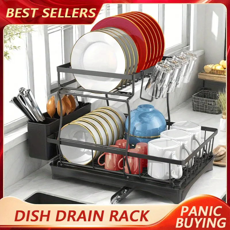 double dish rack for double countertops is here it has a unique 360 drainage function tableware can dry quickly the drain tray with the cutlery rack and 4 cup holders is above the sink or a cup it can Product details 0