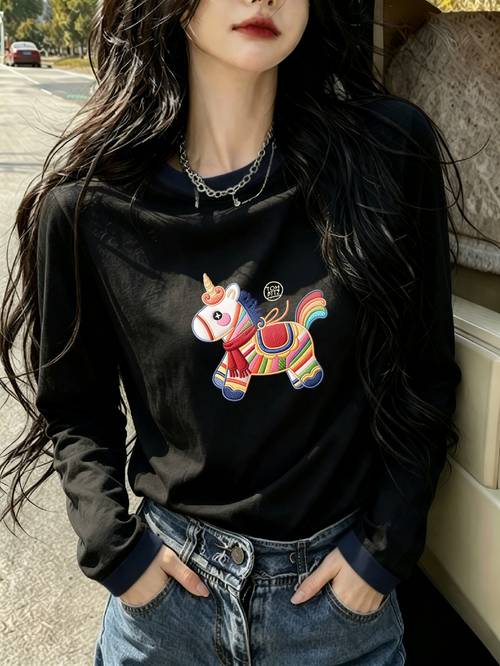 casual cartoon unicorn print long sleeve top spring autumn women fashion shirt