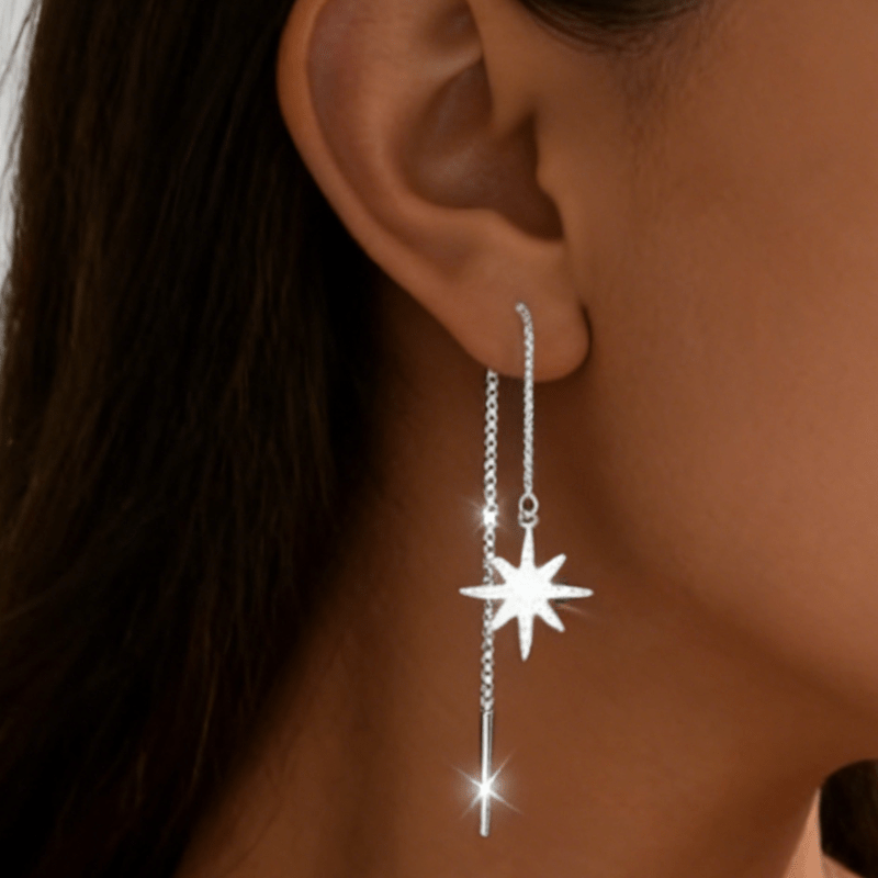2pcs Exquisite Octagonal Star Tassel Earrings, Elegant
