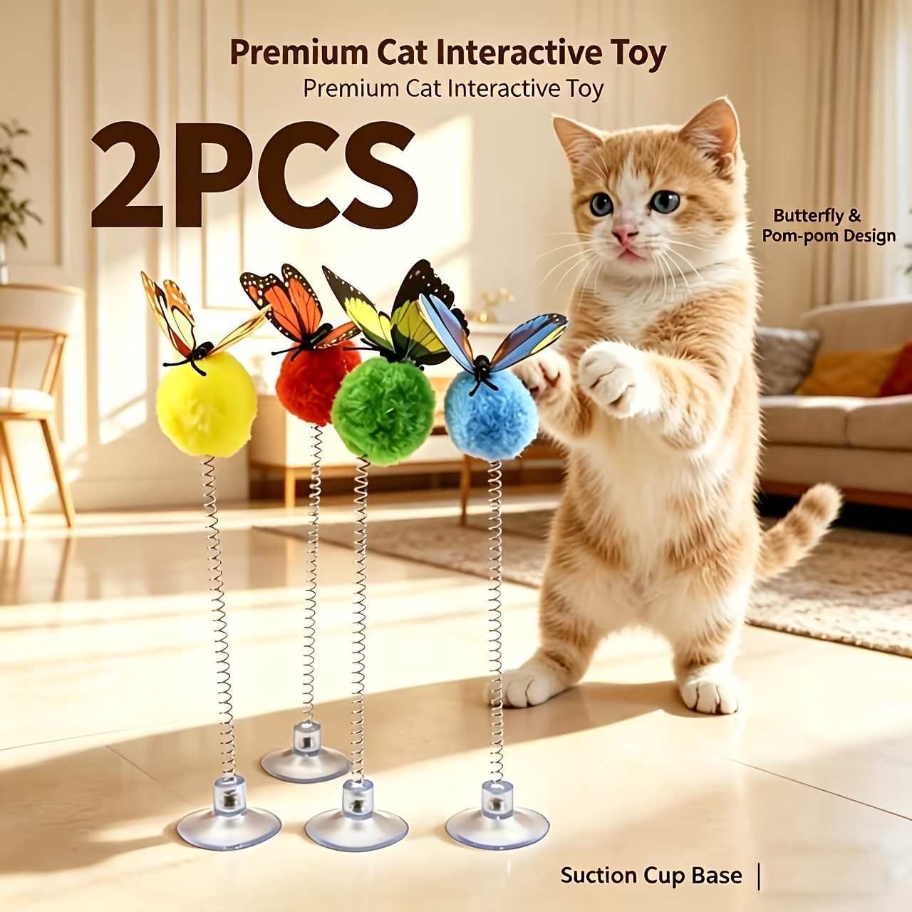 Image of 2pcs Random Color Cat Toy , A Spring-loaded Suction Cup Teaser Wand With A Suction Cup And Design, Featuring Durable Fabric For Interactive Self-play. Packaged For All Breeds, No Batteries Required