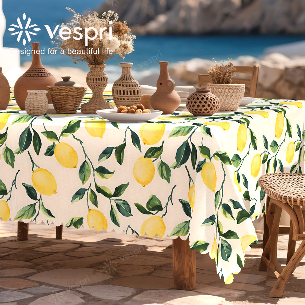 TEMU Fruit Tablecloth, White And Green Decor, Lemons, Leaves And Checkered Pattern, Rustic Style, Family Gathering, Round, Rectangle, Oval Shape, For