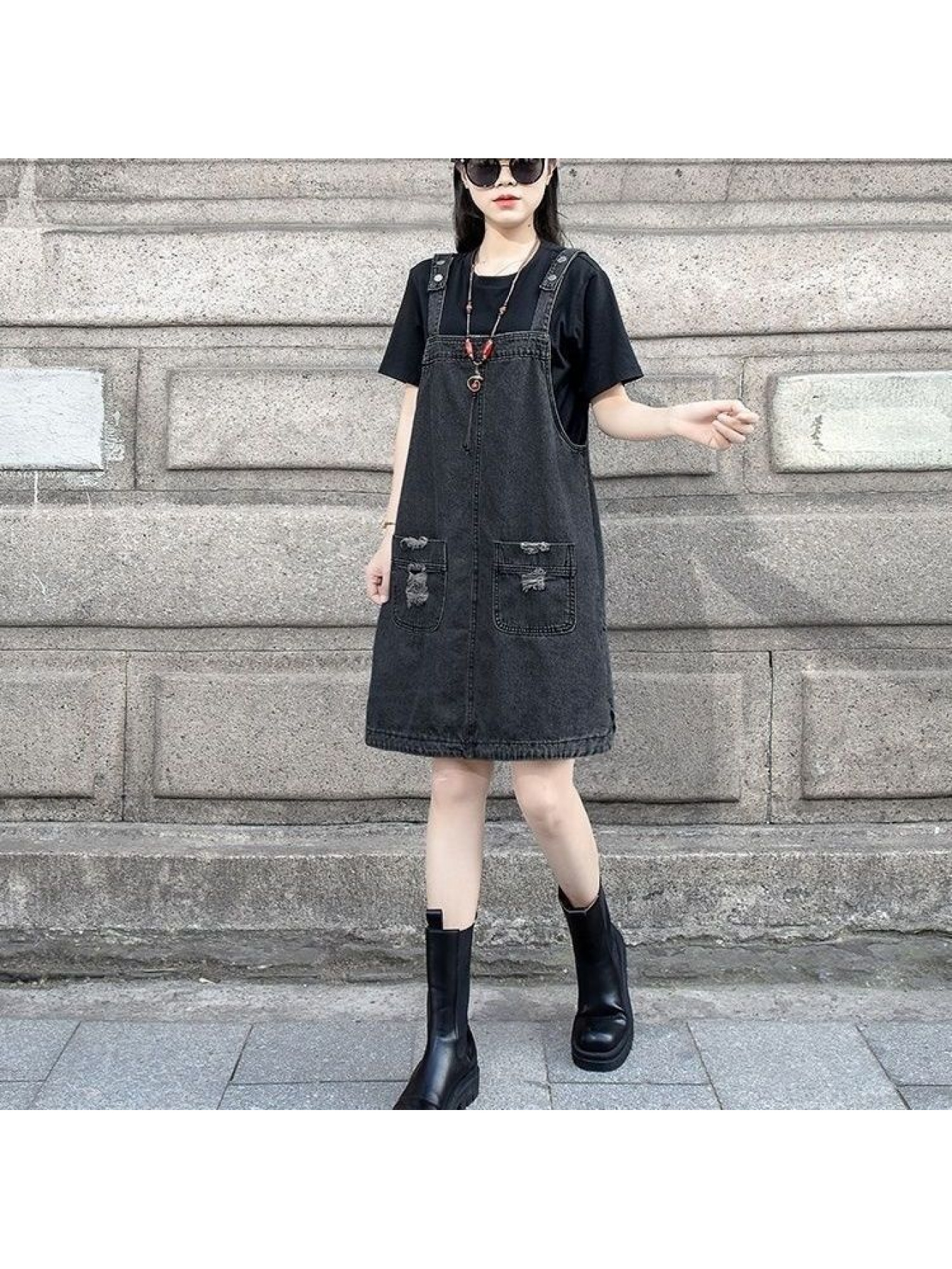 1pc Spring Summer * Day Casual Denim Overall Dress, Adjustable Straps,  Distressed Pockets, Loose Straight Fit, Vintage Cargo Style * Daily *  Street Trip & Vacation.