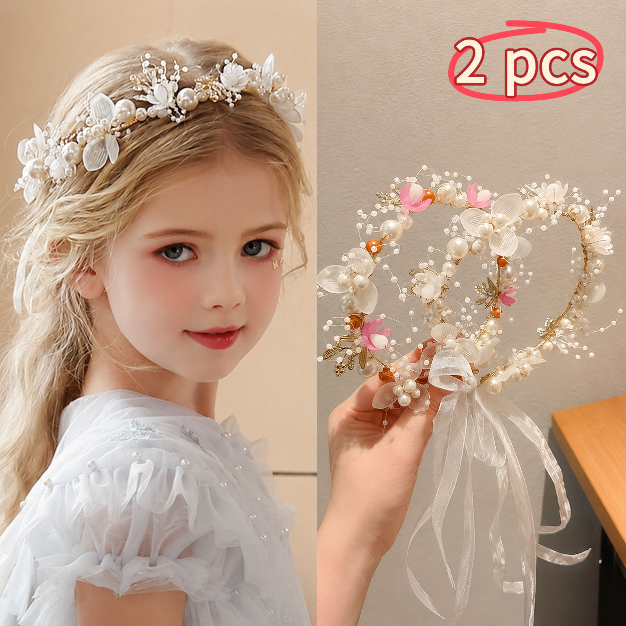 TEMU 2pcs Children's Children's Baby Girl Flower Hair Bracelet Light Headwear Photo Dress Up Hair Accessories