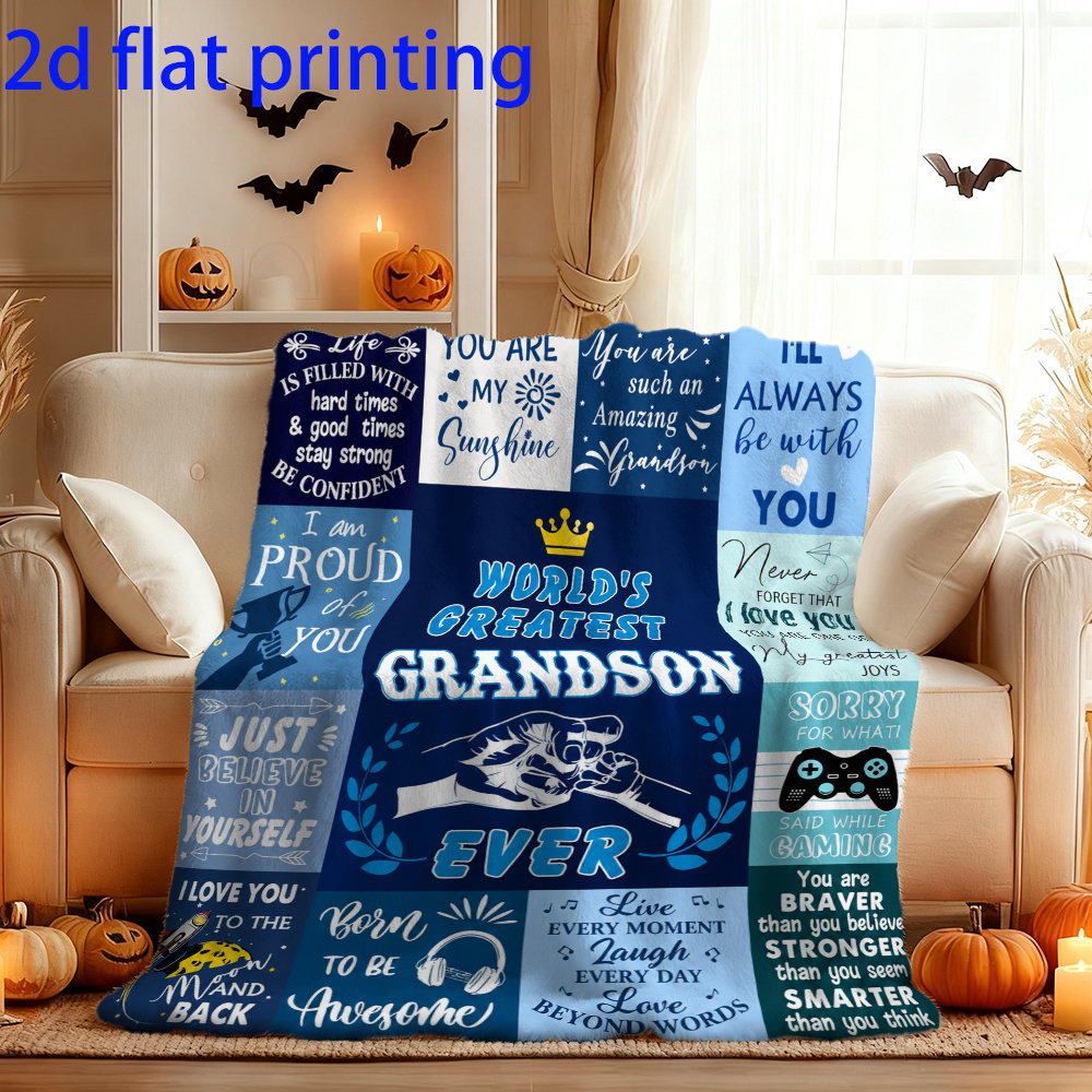 TEMU 1pc 2d Flat Western Inspirational Text Collage Style Crown Hugging Grandchild Pattern Printed Blanket, Soft Blanket, Multiple Sizes Suitable For