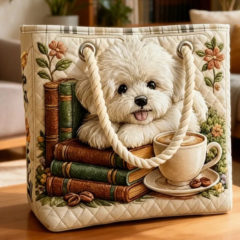 Image of Large Size Quilted Cute Dog Print Tote Bag, Vintage Book Shoulder Bag, Spacious Beach Vacation Carryall, Fashionable , Suitable For Travel/ Daily Shopping