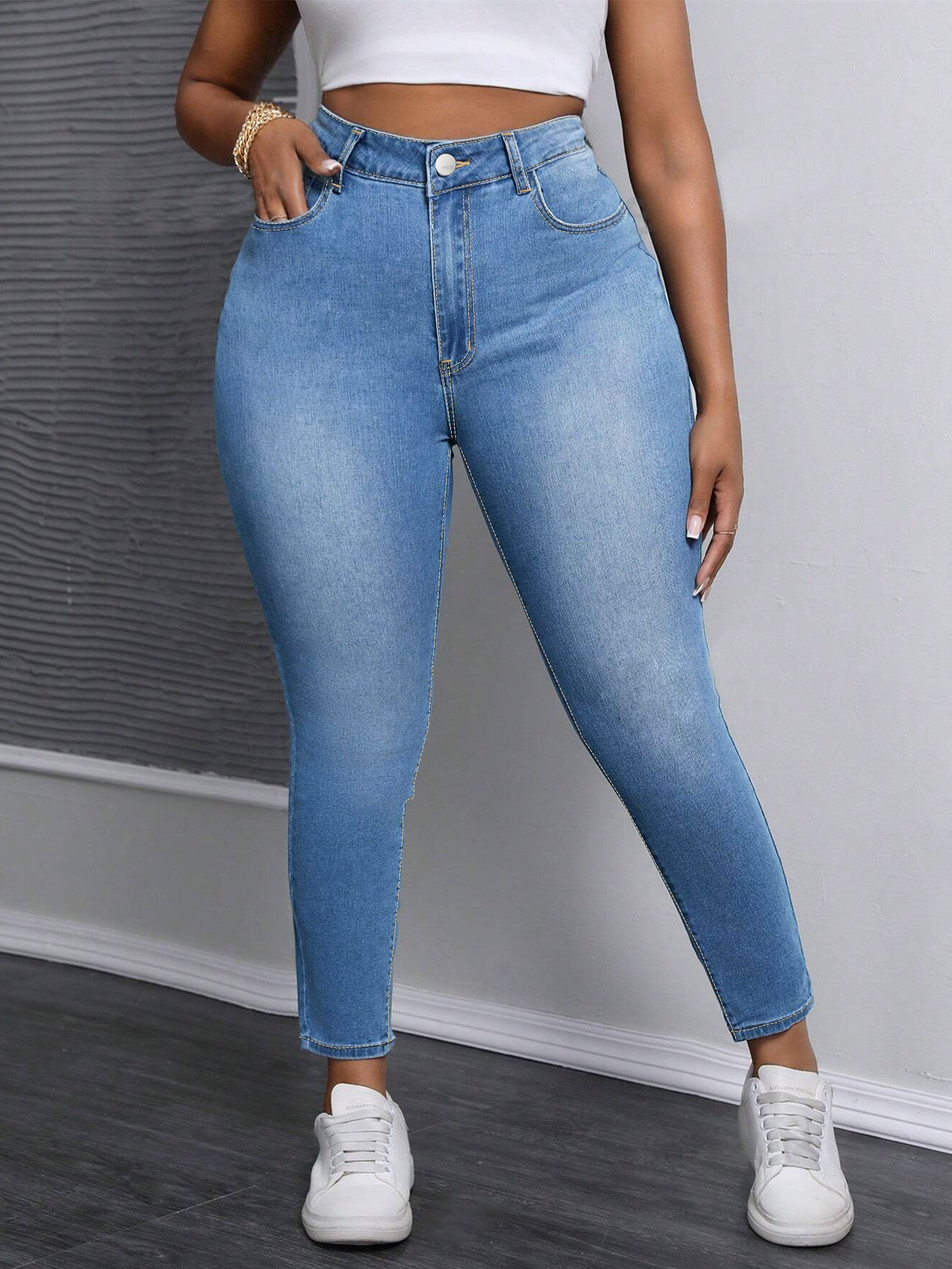 Jeans Da Donna A Vita Alta, Elasticizzati, A Vita Alta, Blu Con Fori, Casual Blu S - Foto 12