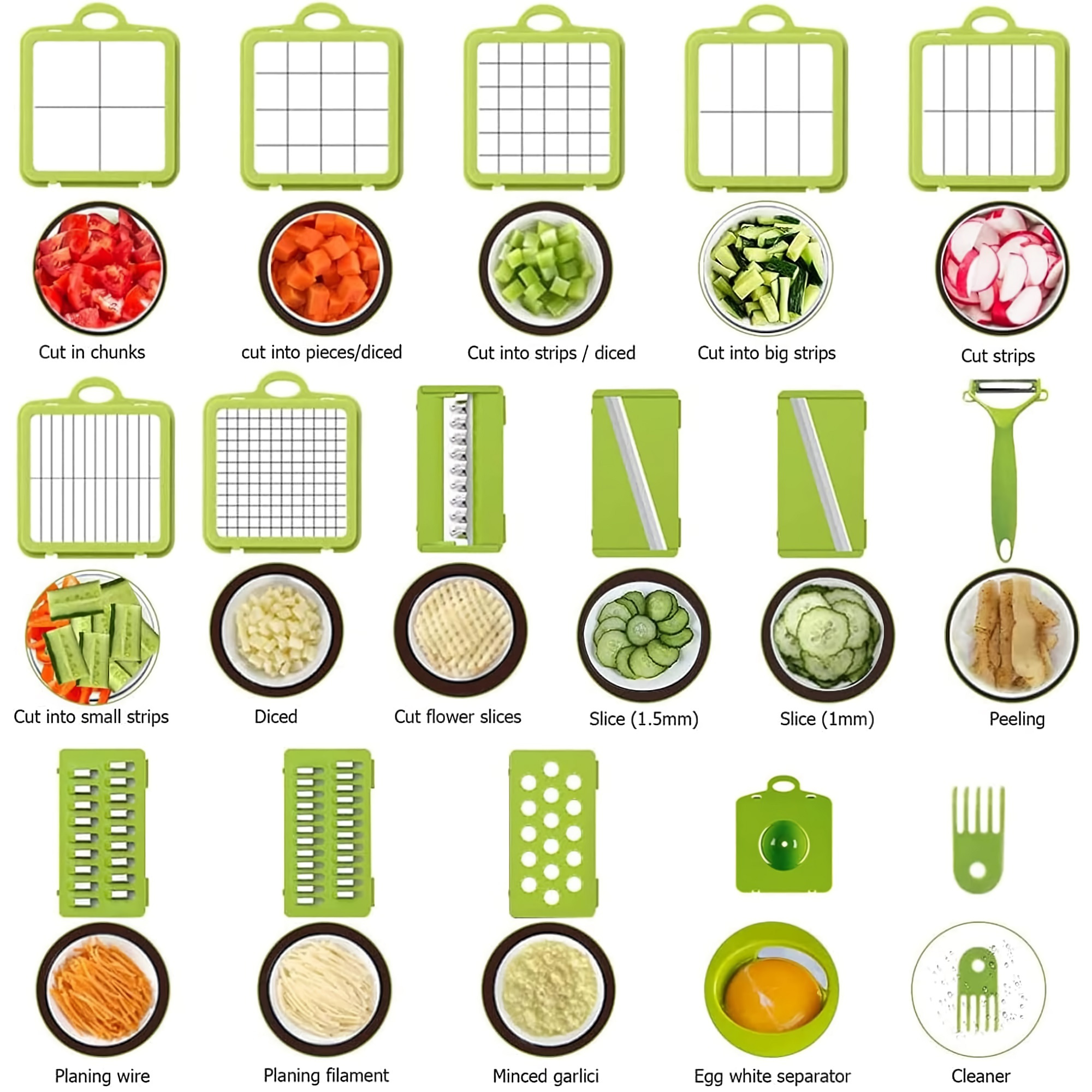 TEMU Trancheuse à légumes 22 en 1 : Hachoir manuel multifonction avec 13 lames interchangeables, panier égouttoir et récipient
