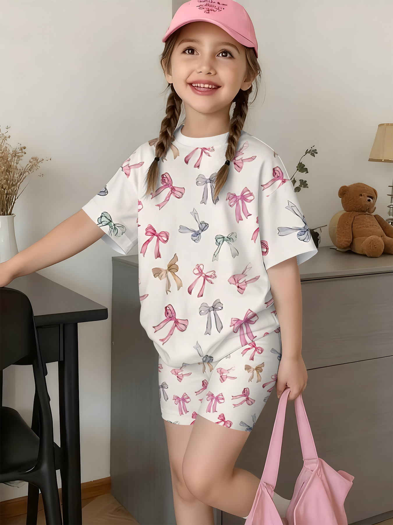 [gedrukt ontwerp - niet gestructureerd] meisjes fashion shorts set, kleurrijke strik leuke print, voor buiten