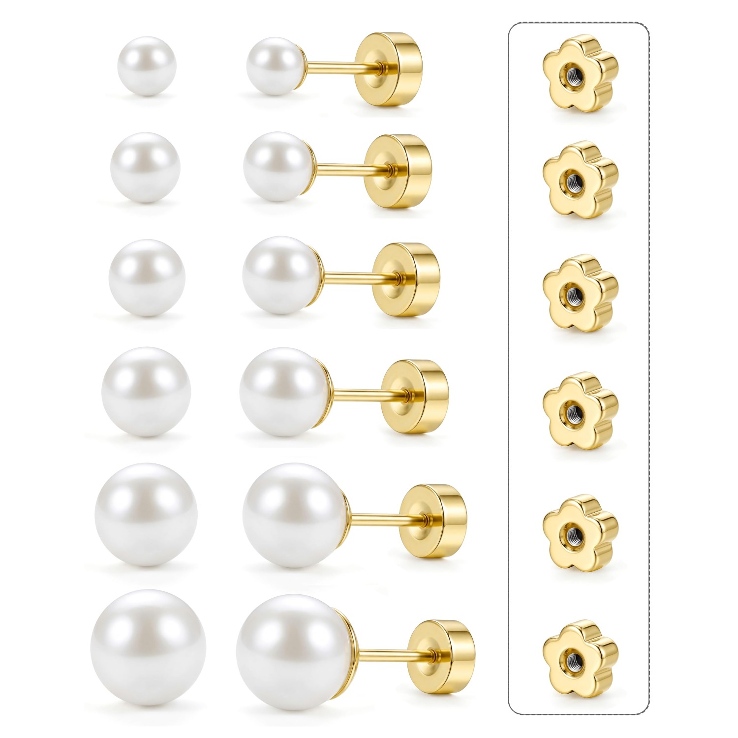 Image of 2d Flat - 6 Pairs 14k Golden Plated Pearl Earrings Stud For Women Hypoallergenic Small Stud Earrings Set Cartilage Piercing Bonus Plum Lightweight Shiny Flat Back Stud Earrings 3-8mm